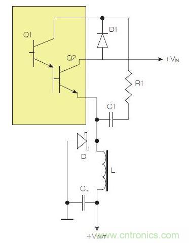 為了實現(xiàn)用兩個元器件提升電源轉(zhuǎn)換效率,芯片上應(yīng)有針對驅(qū)動器晶體管Q1集電極的單獨引腳。