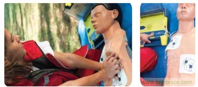 胸部按壓CPR(左圖)迫使血液循環(huán)，為大腦及其它生命器官供血，直到AED重啟心臟(右圖)。