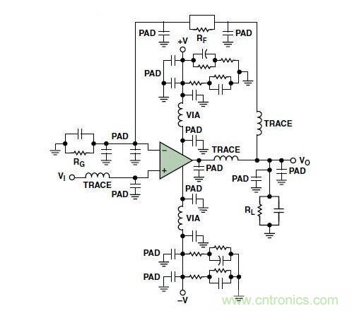 典型的運算放大器電路，(a)原設計圖，(b)考慮寄生效應后的圖