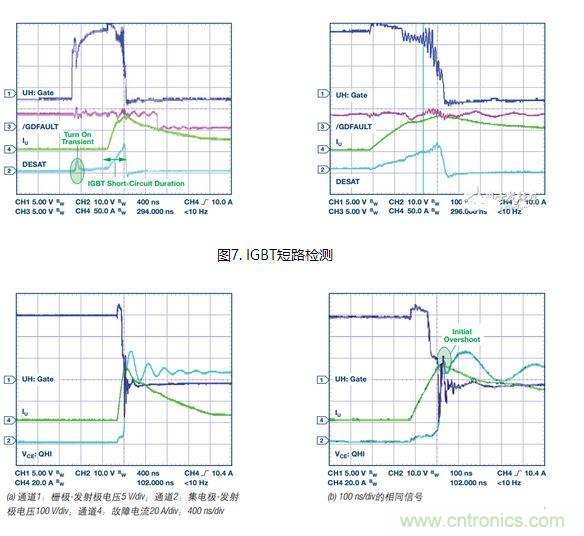 過流關斷時序延遲（通道1：柵極-發射極電壓10 V/div；通道2：來自 控制器的PWM信號5 V/div；通道3：低電平有效跳變信號5 V/div；100 ns/div）