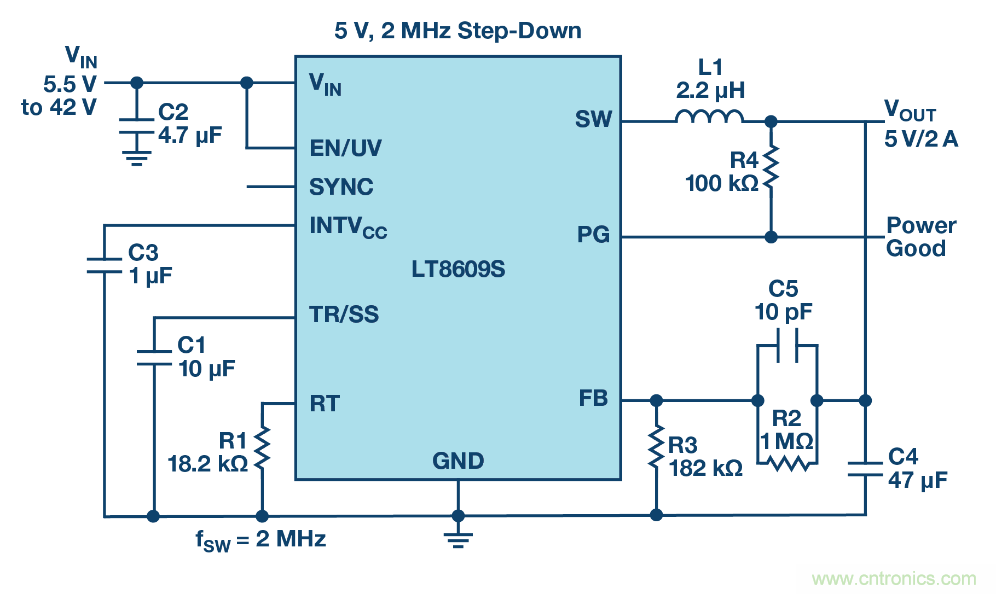具 2.5 μA 靜態電流和超低 EMI 輻射的 42 V、2 A/3 A 峰值同步降壓型穩壓器